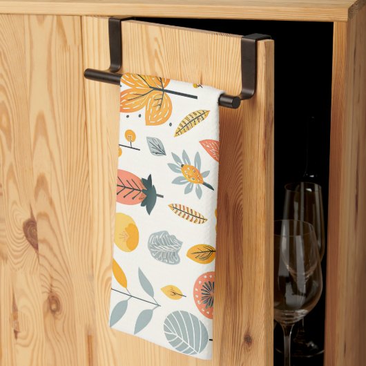 かわいいボホオータム秋パターンオレンジ色ティール(緑がかった色)イエロー キッチンタオル (三つ折り)