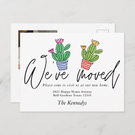 かわいいボホカクタス引っ越しましたファミリー写真引っ越し 案内ポストカード (正面/裏面)