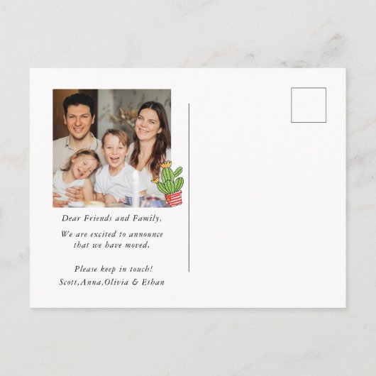 かわいいボホカクタス引っ越しましたファミリー写真引っ越し 案内ポストカード (裏面)