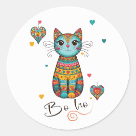 かわいいボホカラフルフローラ猫 ラウンドシール