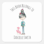 かわいいボホガールと鳥の蔵書票 スクエアシール (正面)