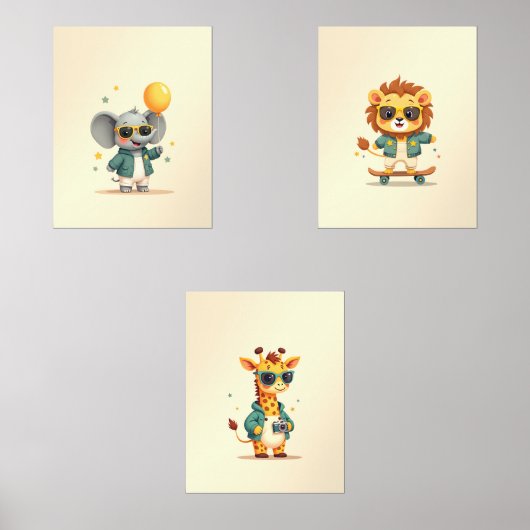 かわいいボホサファリキッズルームデコール | 3組のプリント (正面)