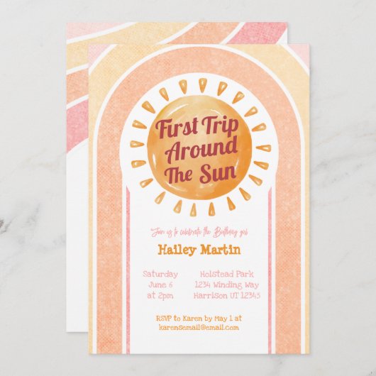 かわいいボホサンガールズファースト誕生日 招待状 (正面/裏面)