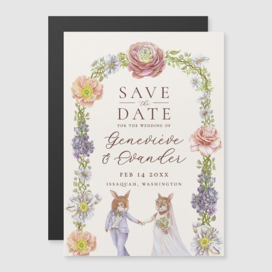 かわいいボホバニー愛のフローラ結婚式の日付を保存 マグネット招待状 (正面/裏面)