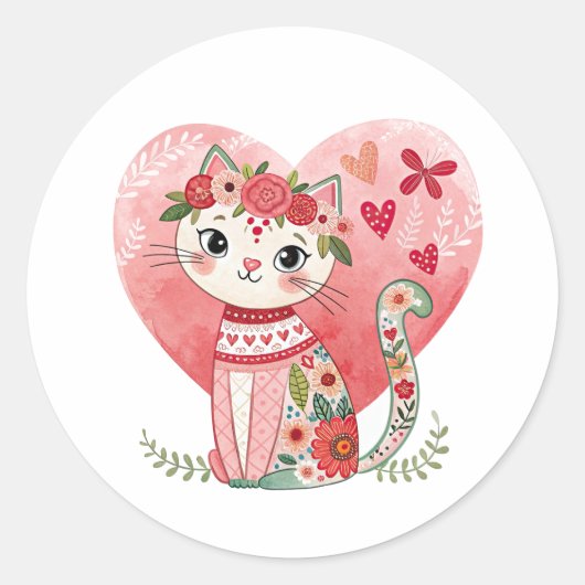 かわいいボホバレンタイン猫 ラウンドシール (正面)