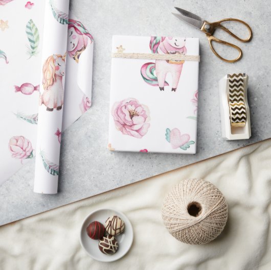 かわいいボホピンクのユニコーンフローラ赤ちゃんシャワー ラッピングペーパー (クラフト)