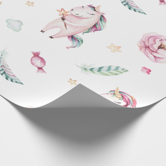 かわいいボホピンクのユニコーンフローラ赤ちゃんシャワー ラッピングペーパー (角)