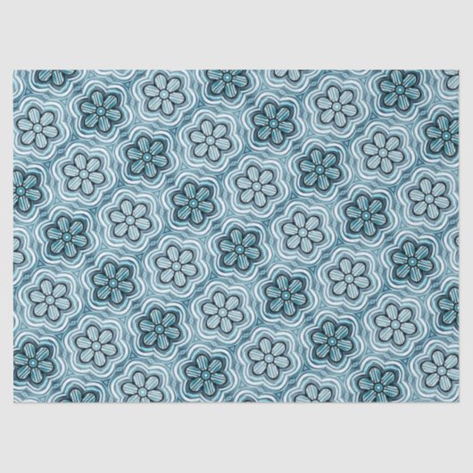 かわいいボホフラワーパターンかわいらしフローラホワイトブルー 薄葉紙 (正面)