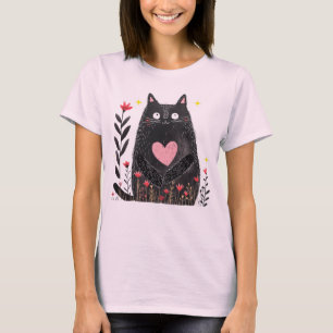 かわいいボホフローラウォーターカラーブラックキャットアート Tシャツ