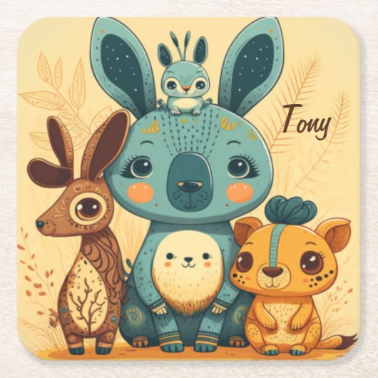かわいいボホフローラウサギ スクエアペーパーコースター (正面)