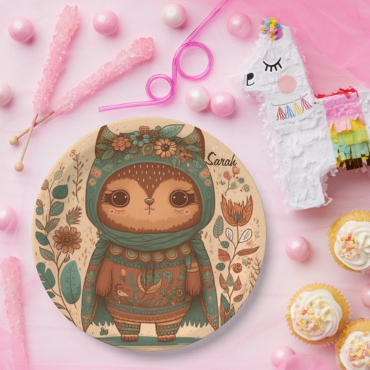 かわいいボホフローラフクロウカスタムル ペーパープレート (パーティー)