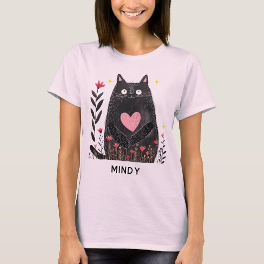 かわいいボホフローラ水彩黒猫パーソナライズされた Tシャツ (正面)