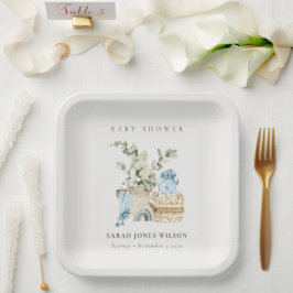 かわいいボホブルー子供部屋の葉の男の子の赤ちゃんシャワー ペーパープレート