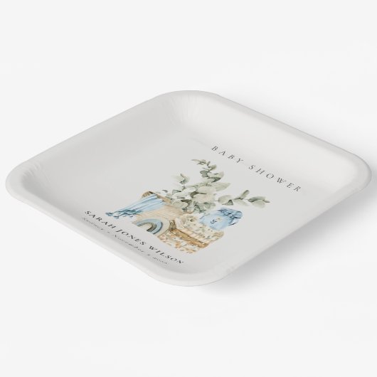 かわいいボホブルー子供部屋の葉の男の子の赤ちゃんシャワー ペーパープレート (傾斜あり)