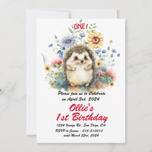 かわいいボホベイビーハリネズミ1歳の誕生日パーティー 招待状 (正面)