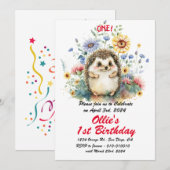 かわいいボホベイビーハリネズミ1歳の誕生日パーティー 招待状 (正面/裏面)