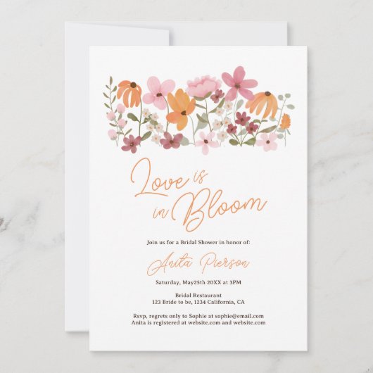 かわいいボホメドリトルワイルドフラワーブライダルシャワー 招待状 (正面)