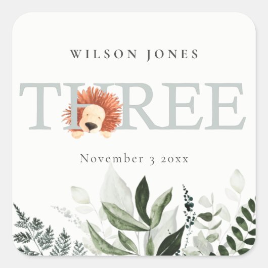 かわいいボホライオンの葉の第3バースデーパーティー スクエアシール (正面)