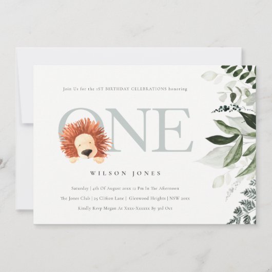 かわいいボホライオンリーフ第1回目の誕生日招待状 サンキューカード (正面)