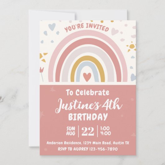 かわいいボホレインボーバースデーパーティー 招待状 (正面)