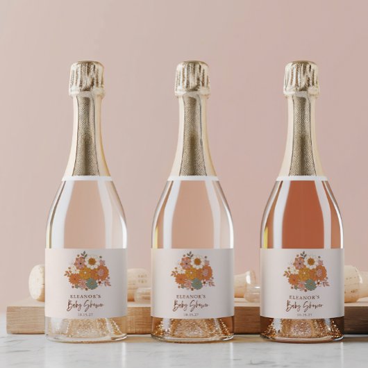 かわいいボホレトロフローラベビーシャワー名前をカスタムする スパークリングワインラベル