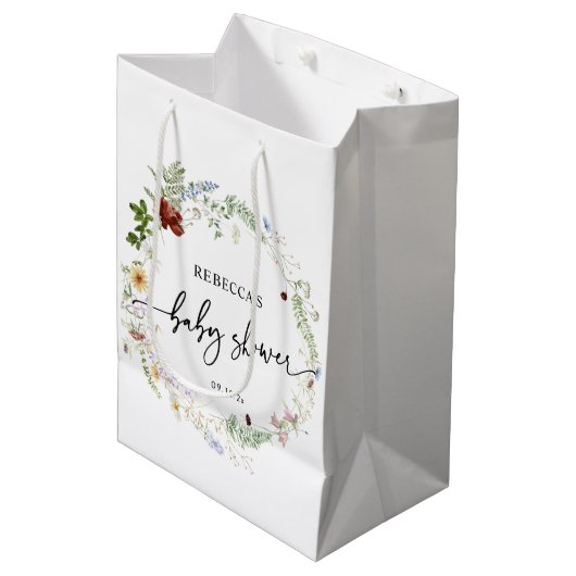 かわいいボホワイルドフラワー緑の赤ちゃんシャワー ミディアムペーパーバッグ (正面アングル)