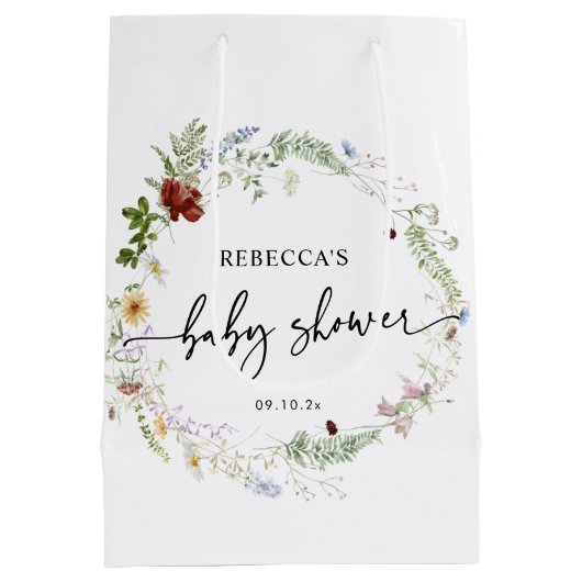 かわいいボホワイルドフラワー緑の赤ちゃんシャワー ミディアムペーパーバッグ (裏面)