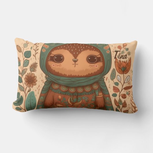 かわいいボホーフローラフクロウ漫画 ランバークッション (正面)