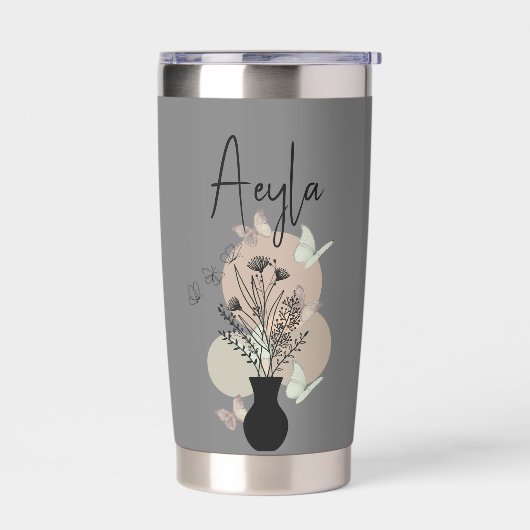 かわいいボホーラインアート花と蝶グレー 保温保冷タンブラー (左面)