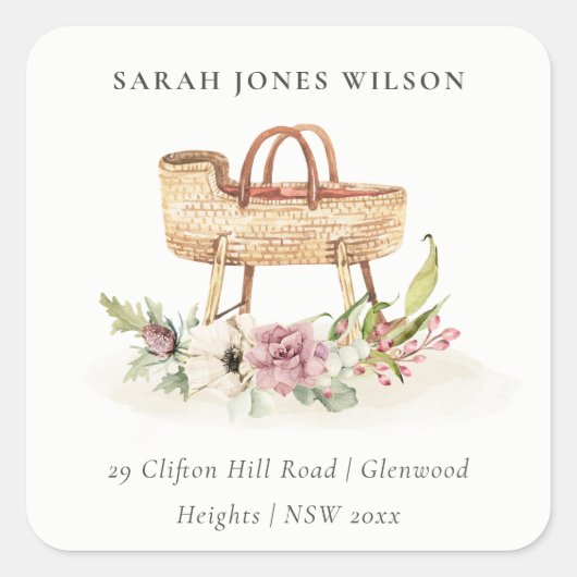 かわいいボホ子供部屋ピンクフローラバシネットアドレス スクエアシール (正面)