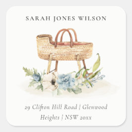 かわいいボホ子供部屋ブルーフローラバシネットアドレス スクエアシール