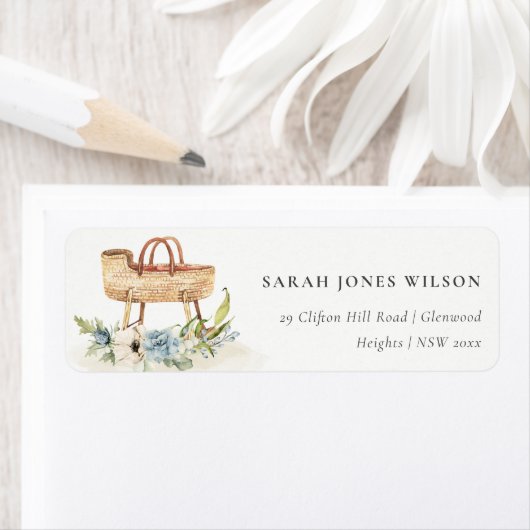 かわいいボホ子供部屋ブルーフローラバシネットアドレス ラベル (インサイチュ)