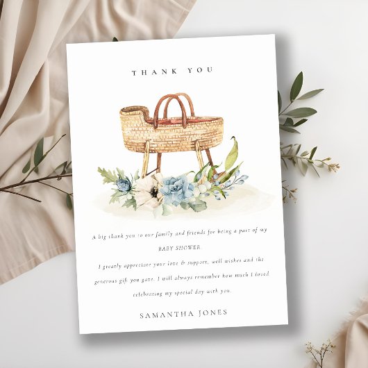 かわいいボホ子供部屋ブルーフローラバシネットベイビーシャワー サンキューカード