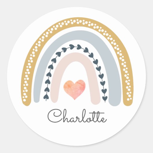 かわいいボホ水彩レインボーハートパステルステッカー ラウンドシール (正面)