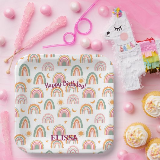 かわいいボホ虹のパターンパーソナライズされた名 ペーパープレート (パーティー)