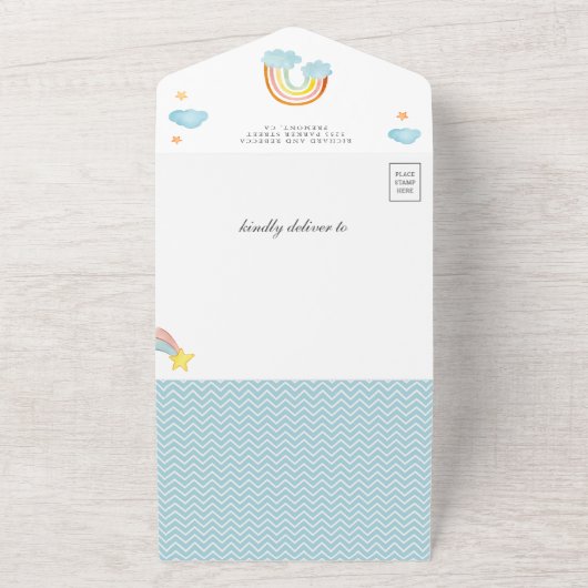 かわいいボホ虹の雲赤ちゃんシャワー オールインワン招待状 (外側)