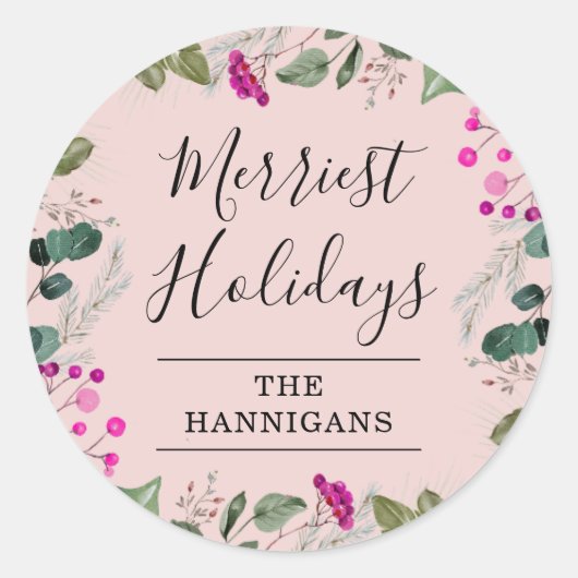 かわいいボホ赤面ピンクホリデークリスマスステッカー ラウンドシール (正面)