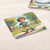 かわいいボーイスケートボードコースターセット スクエアペーパーコースター (アングル)