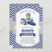 かわいいボーイブルーグレー飛行機1st誕生日パーティー 招待状 (正面/裏面)