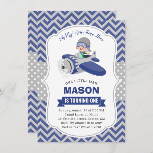 かわいいボーイブルーグレー飛行機1st誕生日パーティー 招待状 (正面/裏面)