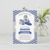 かわいいボーイブルーグレー飛行機1st誕生日パーティー 招待状 (スタンド正面)