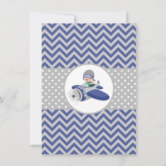 かわいいボーイブルーグレー飛行機1st誕生日パーティー 招待状 (裏面)