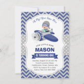 かわいいボーイブルーグレー飛行機1st誕生日パーティー 招待状 (正面)