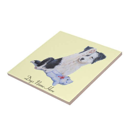 かわいいボーダーコリーの子犬のポートレートの絵画の後をつけて下さい タイル (側面)