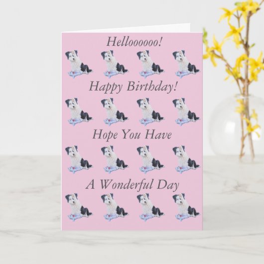 かわいいボーダーコリーの子犬の誕生日写真 カード (黄色い花)