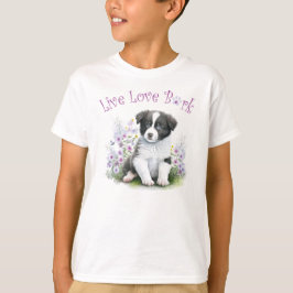 かわいいボーダーコリーの花柄デザイン Tシャツ