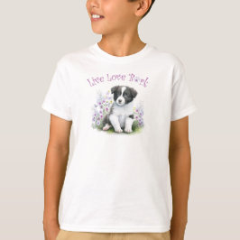 かわいいボーダーコリーの花柄デザイン Tシャツ