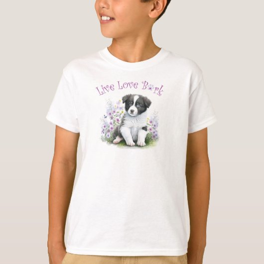 かわいいボーダーコリーの花柄デザイン Tシャツ (正面)