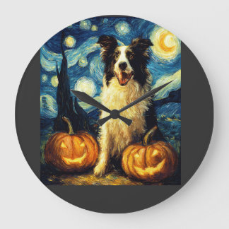 かわいいボーダーコリー犬ハロウィンジャックオーランタンP ラージ壁時計