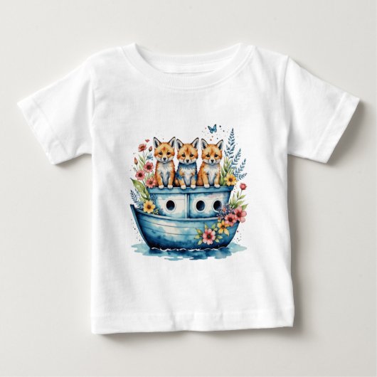 かわいいボートで動物がいる ベビーTシャツ (正面)